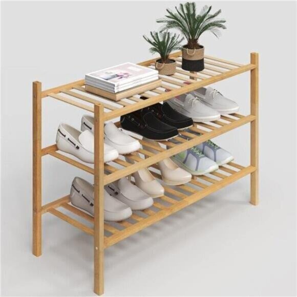 3 Tier Bamboo Shoe Rack Stackable Entryway Closet Organizer Shelf Small